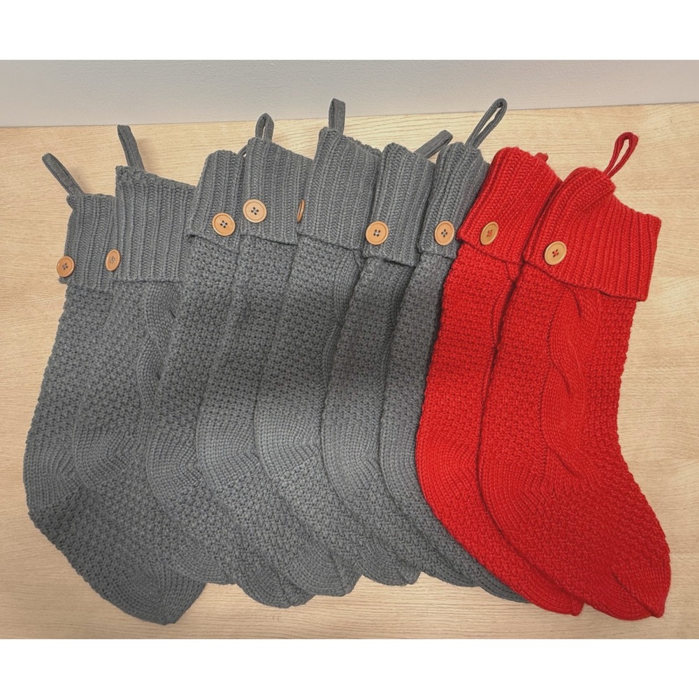 Set of 9 Cozy Knit Christmas Stockings‎ Red and Gray Cable Knit Button Detail